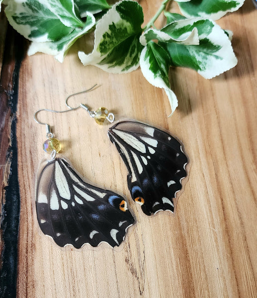 Canadian Tiger Swallowtail Butterfly Wing Earrings with Yellow Seaglass Beads