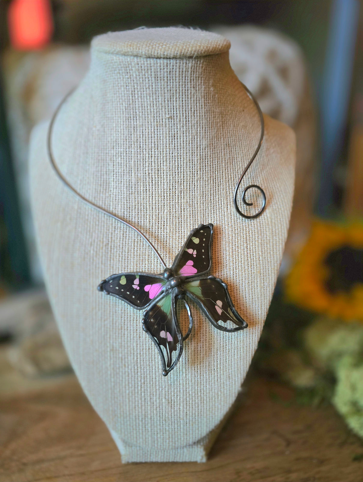 Purple (Pink) Spotted Swallowtail Butterfly Silver-Tone Torc