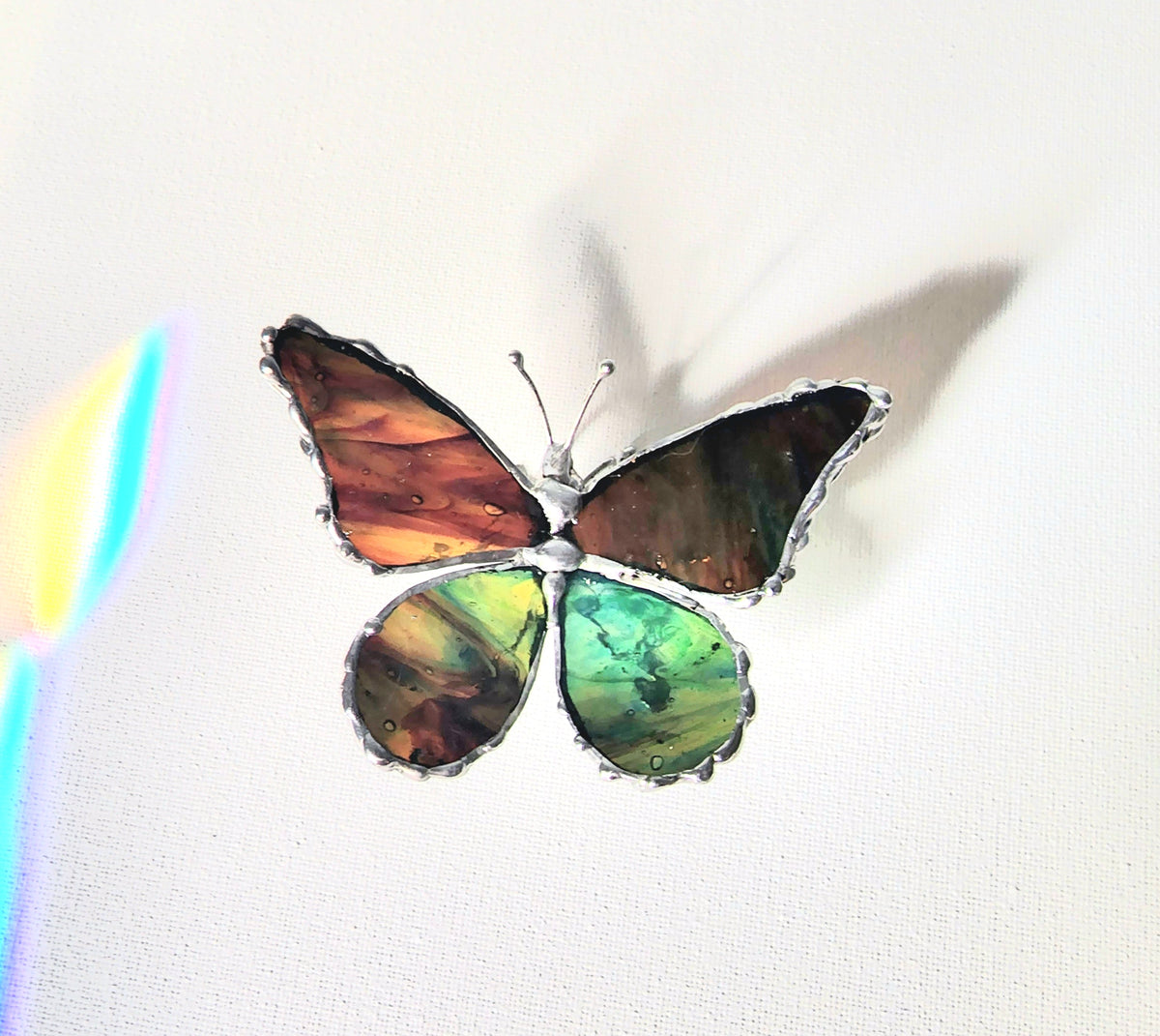 Green, Amber and Brown Stained-Glass Butterfly Figurine