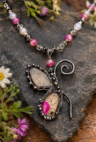 Blushing Phantom Pink Glasswing Butterfly Gemstone Necklace