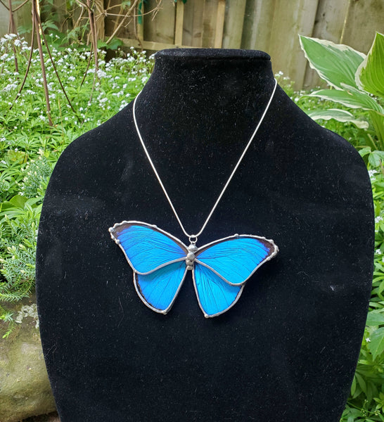 Full Blue Butterfly Butterfly Necklace, Blue Morpho Butterfly Pendant