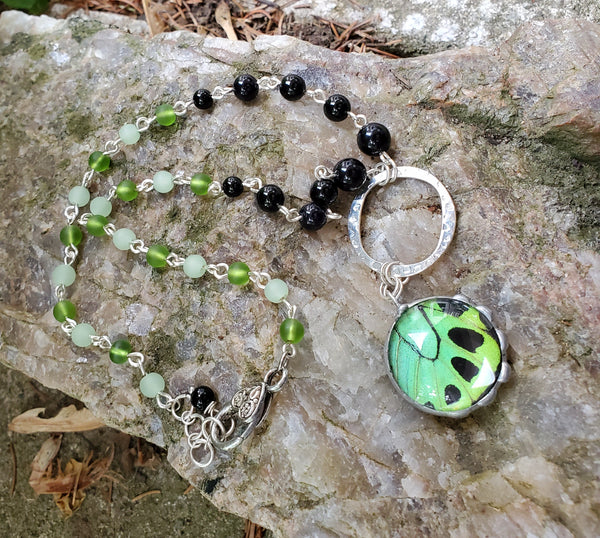 Green Butterfly Necklace with Agate and Seaglass Beads