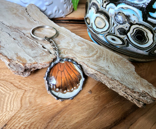 Keychain with Orange Brown Butterfly Wing