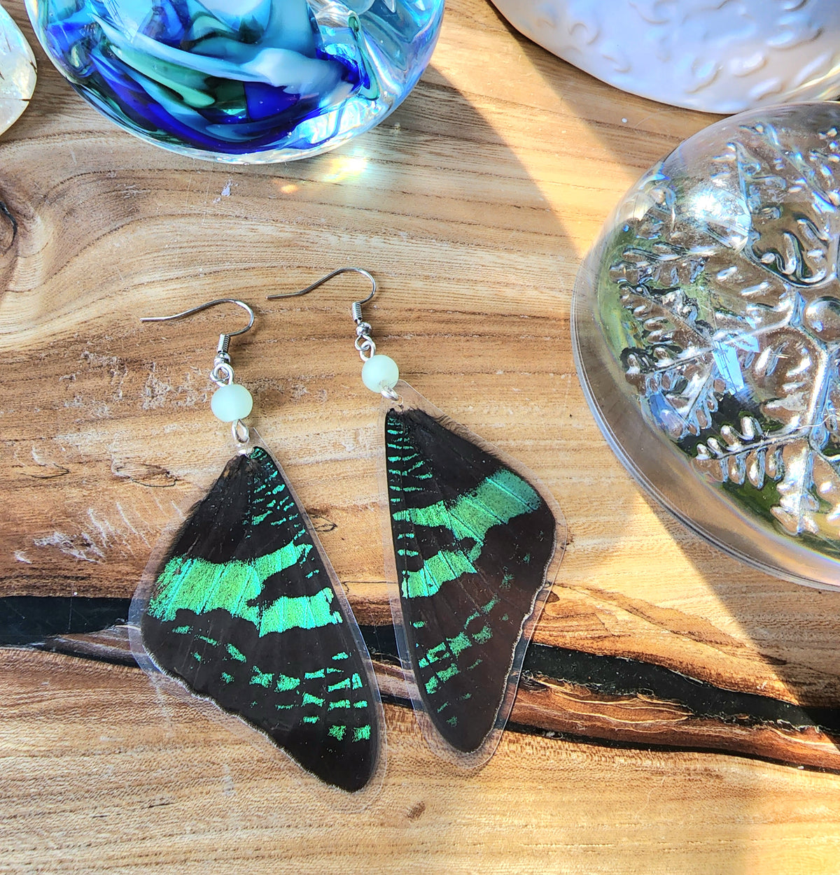 Madgascan Sunset Moth Earrings, Green and Black Moth Earrings