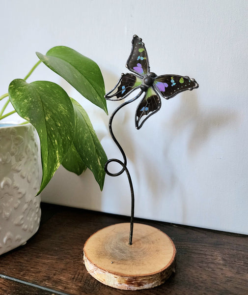 Black & Purple Butterfly on Metal Wood & Stand