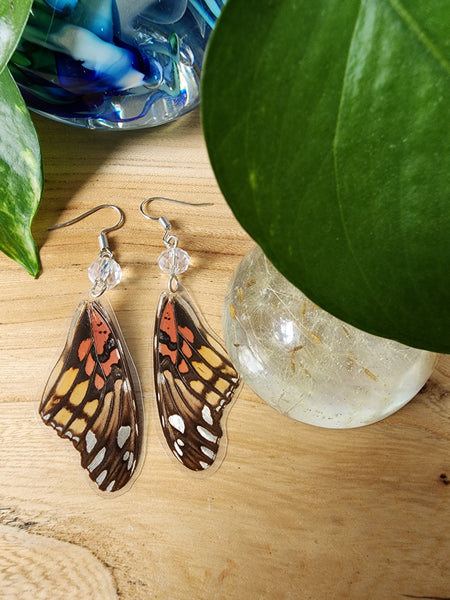 Juno Silverspot Butterfly, Orange Black Silver Butterfly Wing Earrings