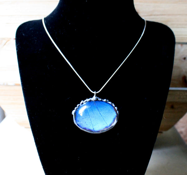 Blue Butterfly Oval Pendant, Oval Butterfly Wing Necklace, Blue Morpho Necklace