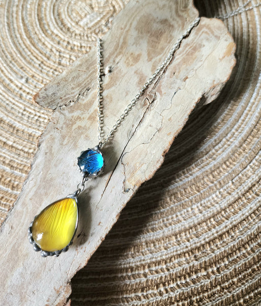 Blue & Yellow Butterfly Wing Pendant, Bubble Butterfly Jewelry, Blue Morpho Butterfly, Teardrop Necklace