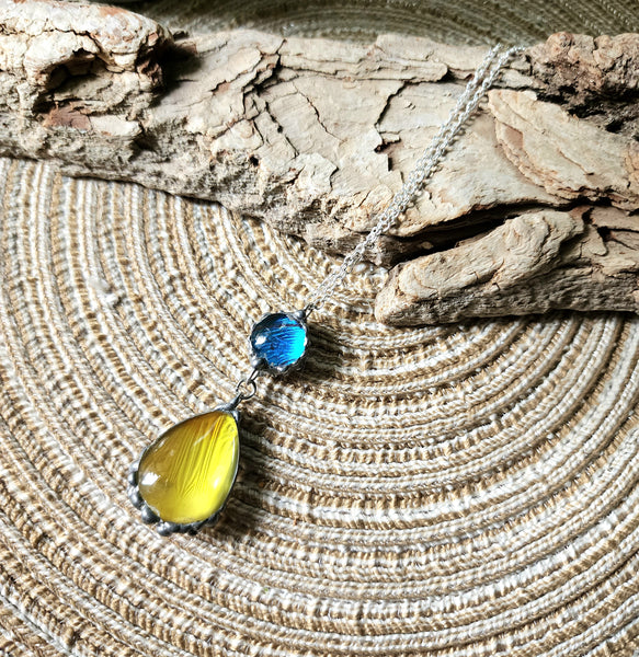 Blue & Yellow Butterfly Wing Pendant, Bubble Butterfly Jewelry, Blue Morpho Butterfly, Teardrop Necklace