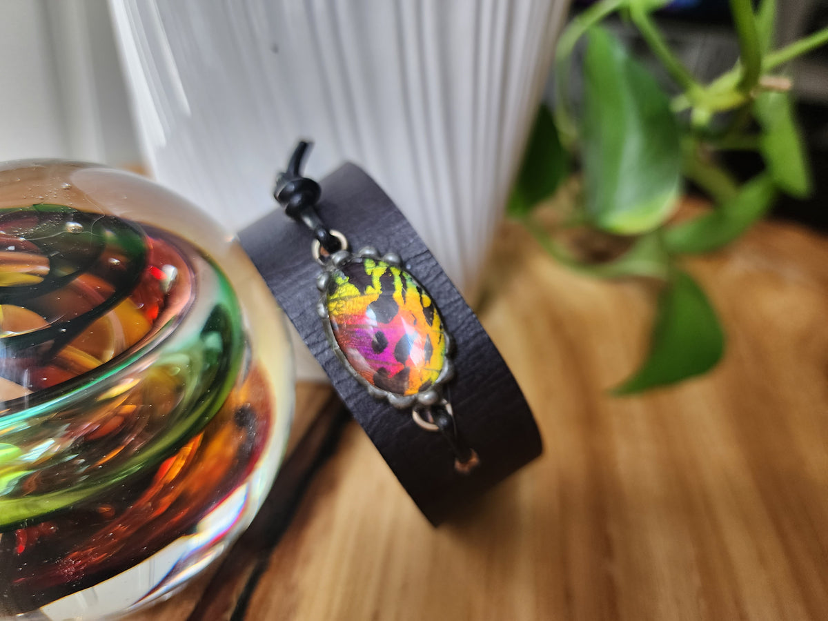 Madagascan Sunset Moth Wing Leather Cuff