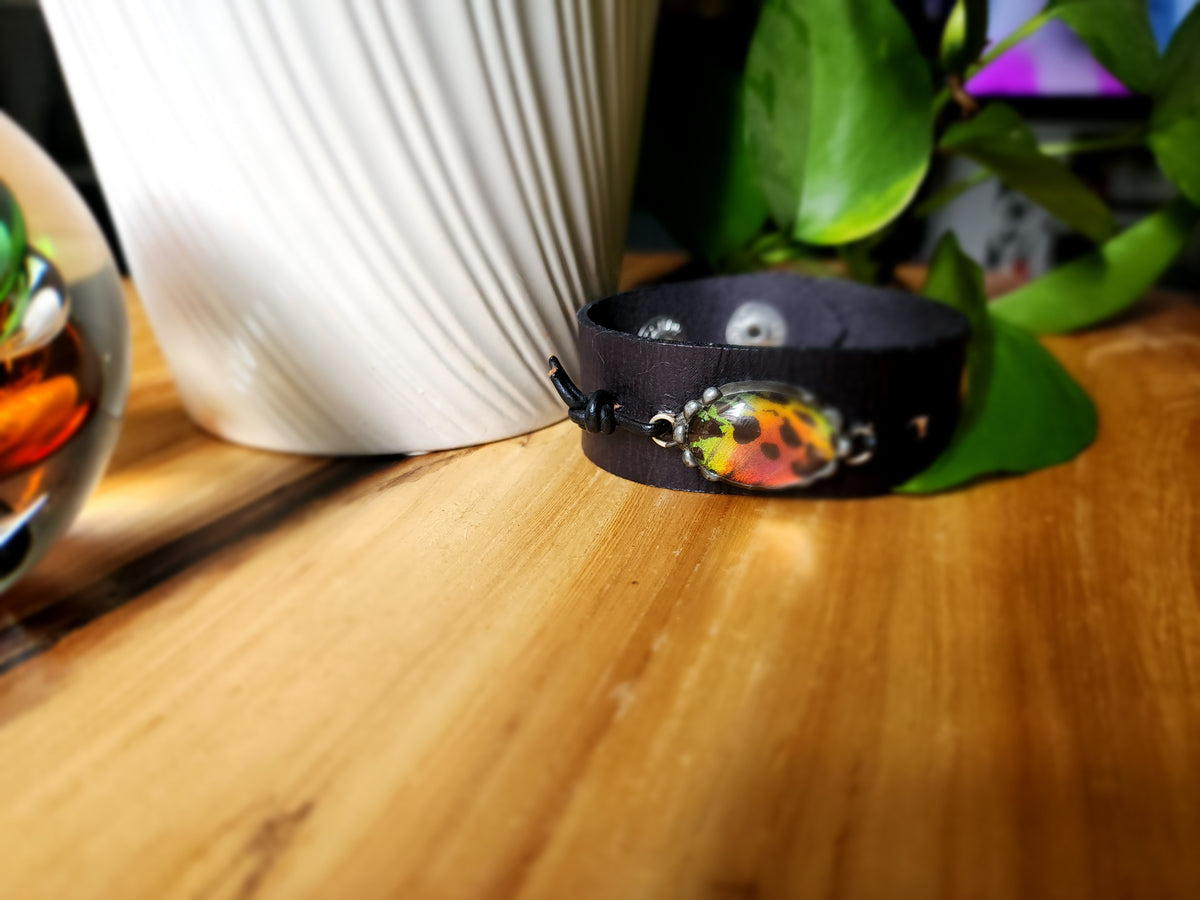 Madagascan Sunset Moth Wing Leather Cuff