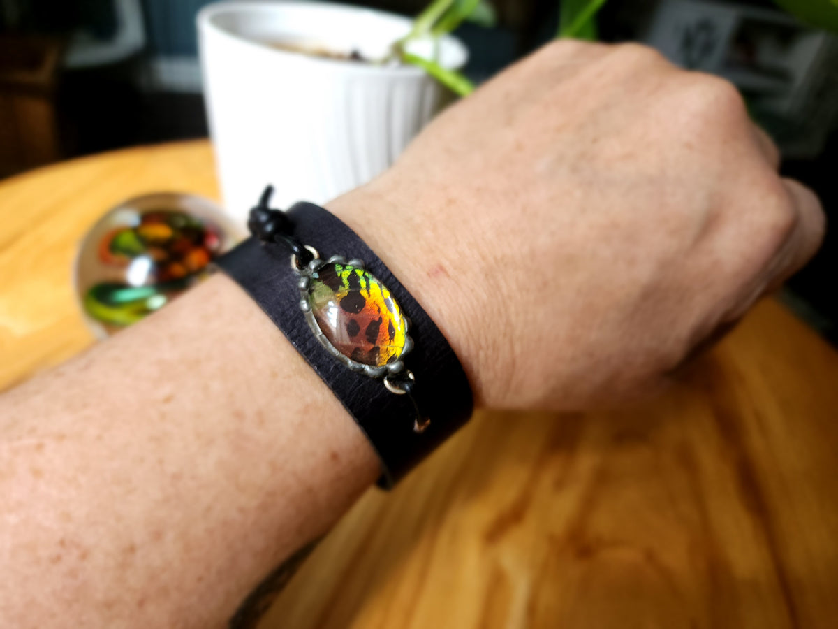 Madagascan Sunset Moth Wing Leather Cuff