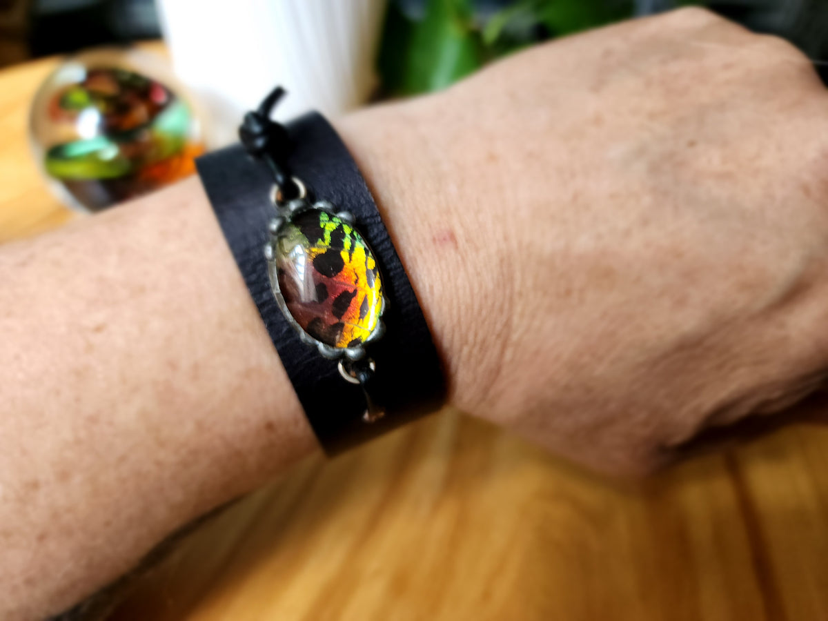 Madagascan Sunset Moth Wing Leather Cuff