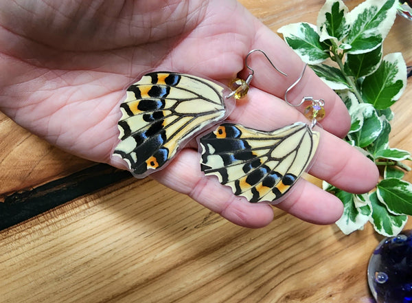 Canadian Tiger Swallowtail Butterfly Wing Earrings with Yellow Seaglass Beads