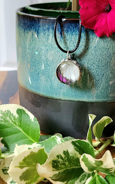 Purple & White Glass Pendant, Purple Tipped Butterfly Wing Jewelry
