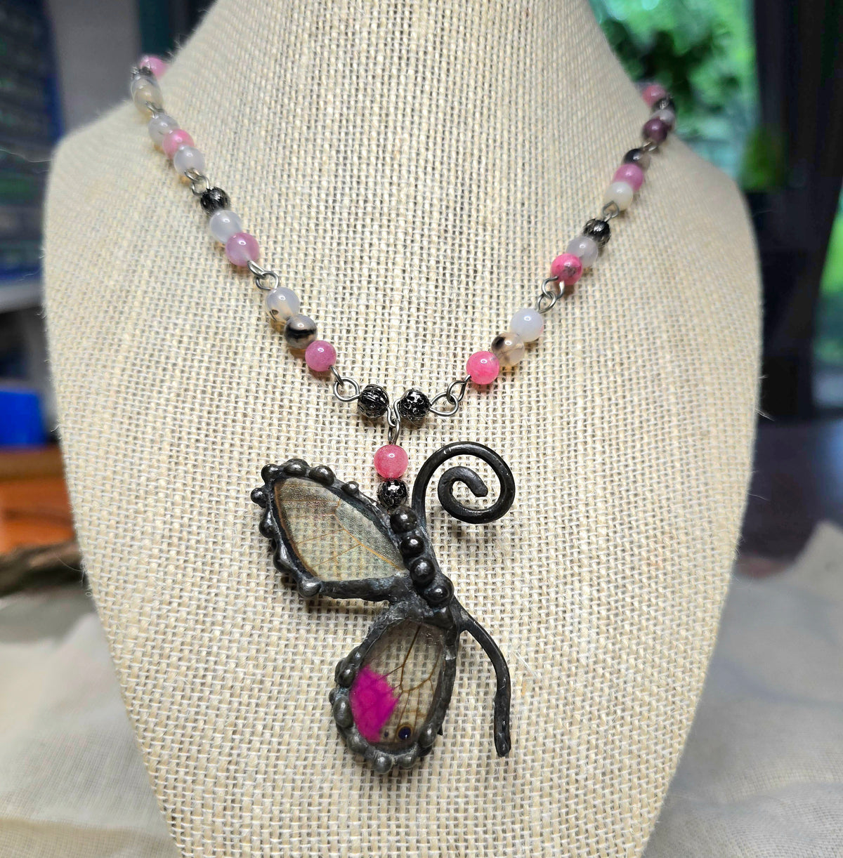 Blushing Phantom Pink Glasswing Butterfly Gemstone Necklace