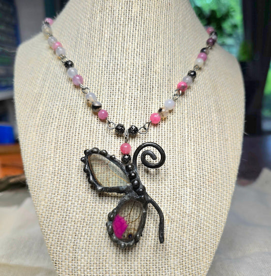 Blushing Phantom Pink Glasswing Butterfly Gemstone Necklace