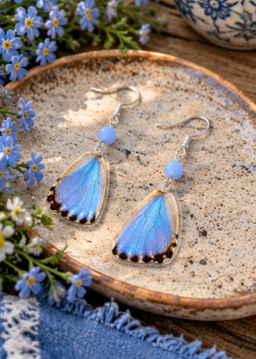 Morpho Portis Butterfly Laminated Hindwing Earrings with Lavender Glass Beads
