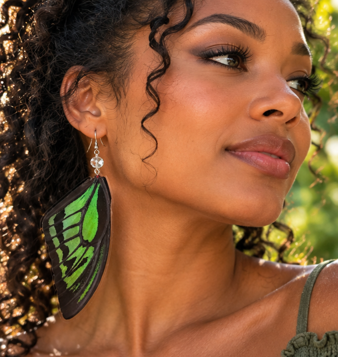 Common Green Birdwing Laminated Butterfly Wing Earrings