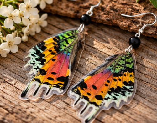 Madagascan Sunset Moth Laminated Wing Earrings with Black Onyx