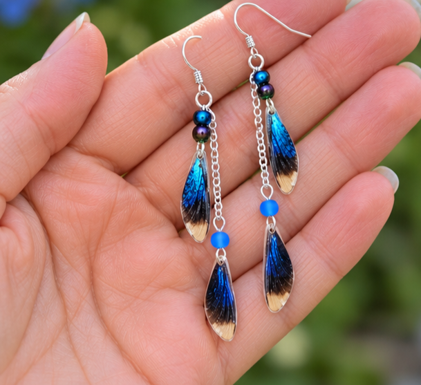 Mediterranean Demoiselle Laminated Wing Earrings with Blue AB Glass Beads