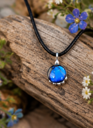 Blue morpho menelaus domed round 18" suede necklace