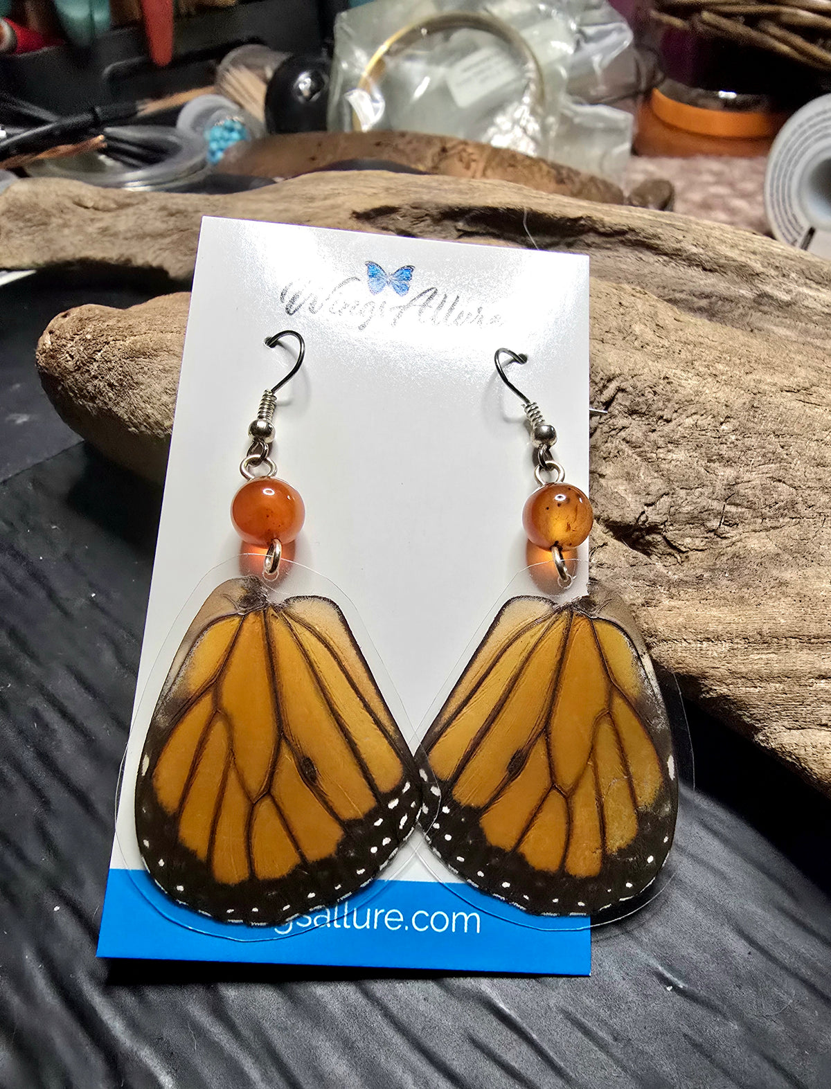 Monarch Butterfly Laminated Hindwing Earrings with Orange Jasper