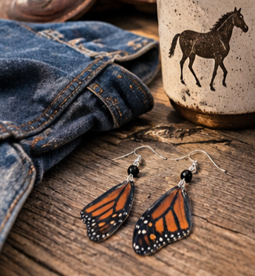 Monarch Butterfly Forewing Black Onyx Earrings