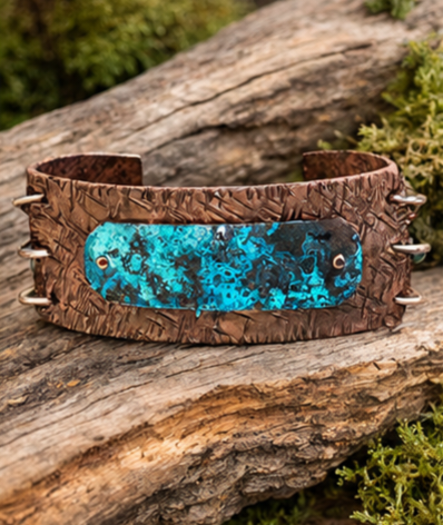 Copper Bracelet with Turquoise Patina and Crystals