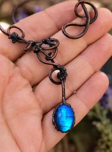Blue Morpho Butterfly Wing Copper Scrollwork Torc Necklace