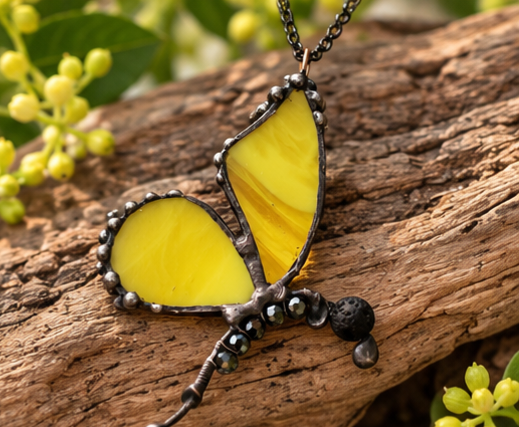 Yellow Stained Glass Butterfly Pendant with Black Crystals