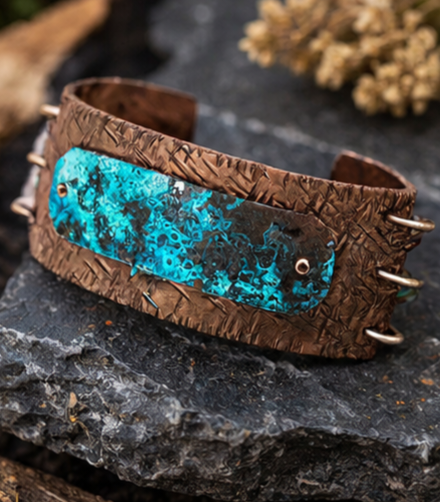 Copper Bracelet with Turquoise Patina and Crystals