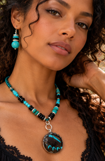 Blue Mountain Swallowtail Butterfly Wing Necklace & Earrings Set – Turquoise & Black Onyx