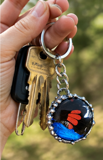 Blue Morpho and Red Mormon Butterfly Wing Keychain