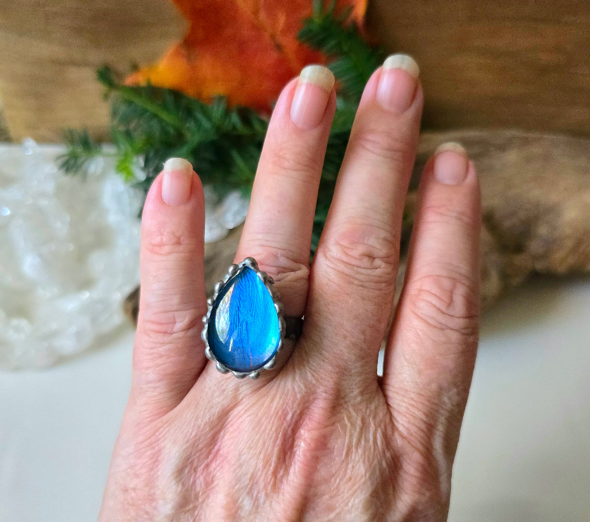 Blue Morpho (Morpho menelaus) Butterfly Wing Adjustable Ring