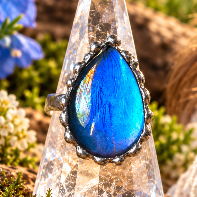 Blue Morpho (Morpho menelaus) Butterfly Wing Adjustable Ring