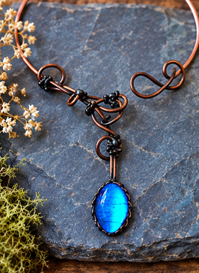 Blue Morpho Butterfly Wing Copper Scrollwork Torc Necklace