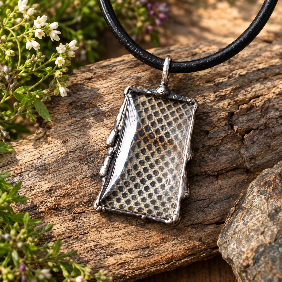Red Boa Snake-Shed Rectangle Pendant on Leather Cord