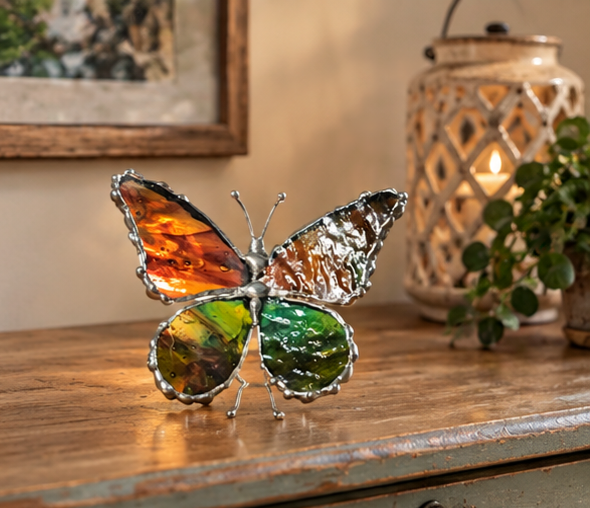 Green, Amber and Brown Stained-Glass Butterfly Figurine