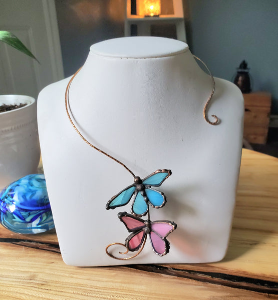 Blue & Pink Stained butterlies square brass torc