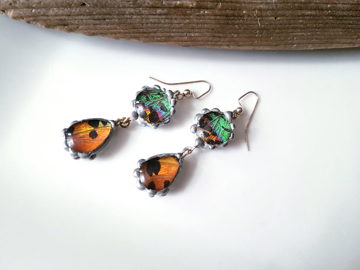 Madagascan Sunset Moth Double-Drop Glass Earrings