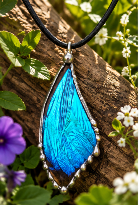 Blue Morpho Trimmed Narrow-Wing Pendant