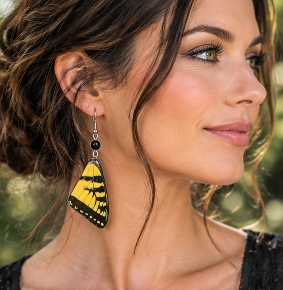 Eastern Tiger Swallowtail Laminated Forewing Earrings with Black Beads