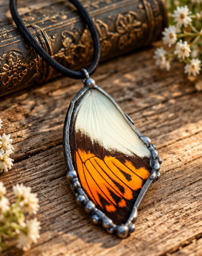 Great Orange Tip Butterfly Wing Glass Pendant