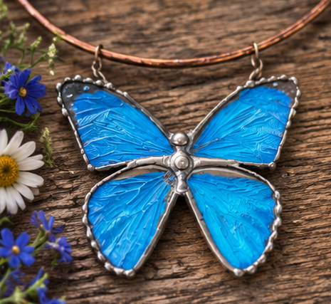 Blue Morpho Butterfly Wing Copper Torc Necklace