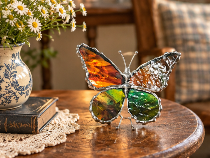 Green, Amber and Brown Stained-Glass Butterfly Figurine