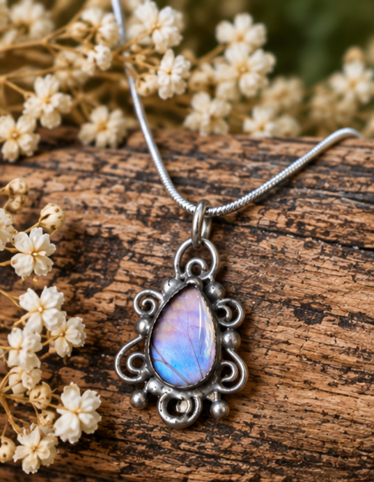Morpho Sulkowskyi Butterfly Wing Filigree Teardrop Pendant