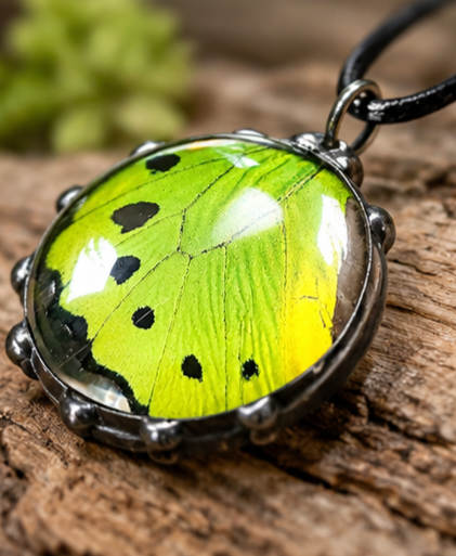 Green Birdwing Butterfly Wing Round Glass Pendant