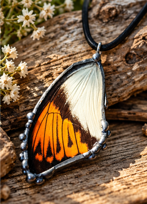 Great Orange Tip Butterfly Wing Glass Pendant