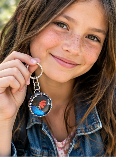 Blue Morpho and Red Mormon Butterfly Wing Keychain